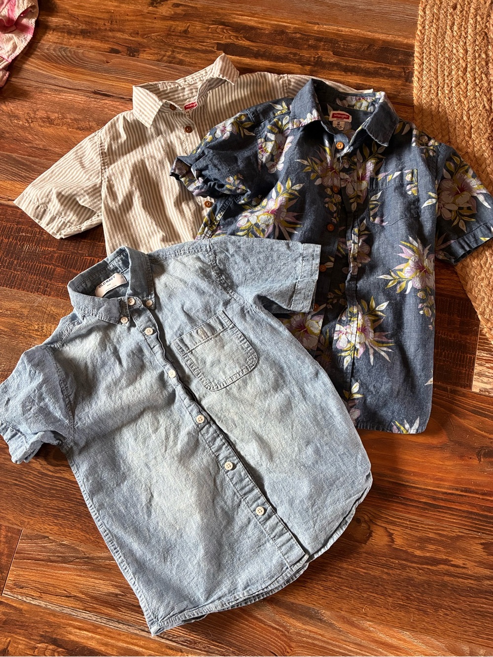 2-Wrangler pinstripe & Hawaiian- 1-Old Navy Chambray Boys shirts